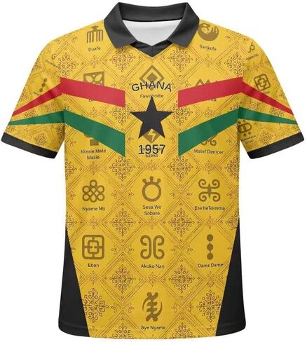 قميص كرة قدم غانا، ذهبي أصفر مع رموز Adinkra، قميص كرة قدم نجم غاني أسود، خطوط العلم الوطني، خريطة 1957 in Kuwait