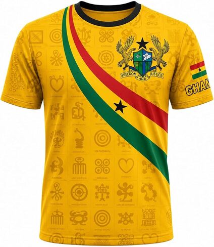 Ghana Football Jersey, Yellow Gold Soccer Shirt with Adinkra Symbols, National Coat of Arms, Flag Stripe & Number 57 in Kuwait