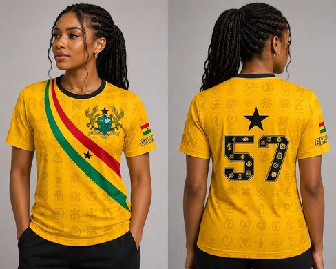 Ghana Football Jersey, Yellow Gold Soccer Shirt with Adinkra Symbols, National Coat of Arms, Flag Stripe & Number 57 in Kuwait