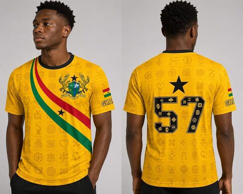 Ghana Football Jersey, Yellow Gold Soccer Shirt with Adinkra Symbols, National Coat of Arms, Flag Stripe & Number 57 in Kuwait