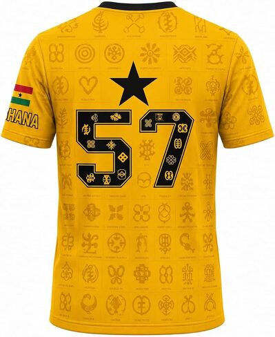 Ghana Football Jersey, Yellow Gold Soccer Shirt with Adinkra Symbols, National Coat of Arms, Flag Stripe & Number 57 in Kuwait