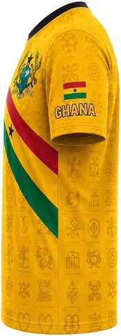 Ghana Football Jersey, Yellow Gold Soccer Shirt with Adinkra Symbols, National Coat of Arms, Flag Stripe & Number 57 in Kuwait