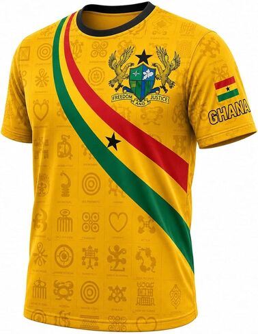 Ghana Football Jersey, Yellow Gold Soccer Shirt with Adinkra Symbols, National Coat of Arms, Flag Stripe & Number 57 in Kuwait