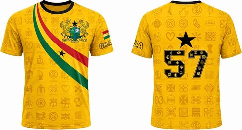 Ghana Football Jersey, Yellow Gold Soccer Shirt with Adinkra Symbols, National Coat of Arms, Flag Stripe & Number 57 in Kuwait