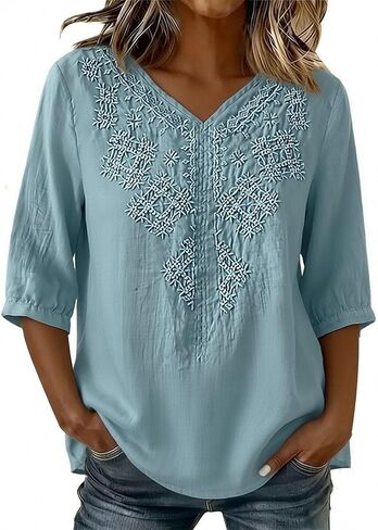 3/4 Sleeve Linen Tops for Women - Retro Embroidered Cotton Linen V Neck Tshirts Summer Beach Casual Vacation Boho Tops in Kuwait