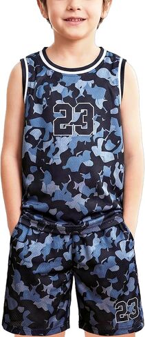 Kids' Basketball Jersey Set, Blue Camouflage, Quick-Dry Polyester with Pockets, Boys Sleeveless Tank Top and Shorts in Kuwait