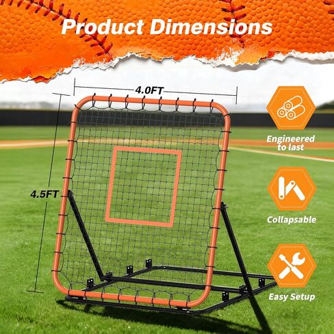 Baseball Rebounder Net, 4 x 4.5 ft Portable Bounce Back Trainer for Baseball & Softball with 4 Adjustable Return Angles, Practice Equipment for All Skill Levels in Kuwait