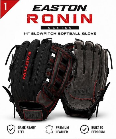 قفاز Easton Ronin للكرة اللينة مقاس 14 بوصة - جلد الجاموس المقلوب، بطانة راحة اليد VRS، رباط جلدي محبب بالكامل، شعور جاهز للعب in Kuwait