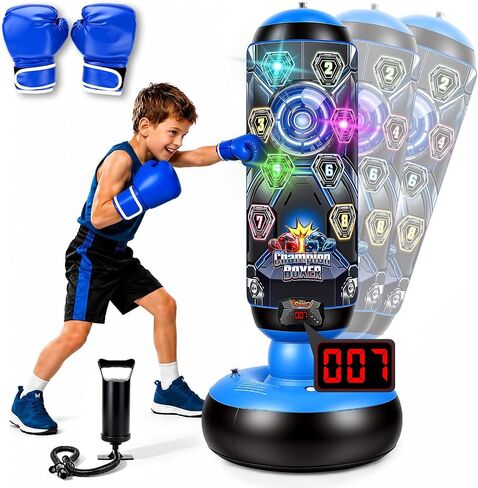 Punching Bag for Kids with Gloves & Pump, LED Lights Music & Electronic Scoring, 4 Game Modes Interactive Cyberpunk Inflatable Boxing Set, Freestanding Toys for Boys Girls Ages 4-12 Gifts in Kuwait