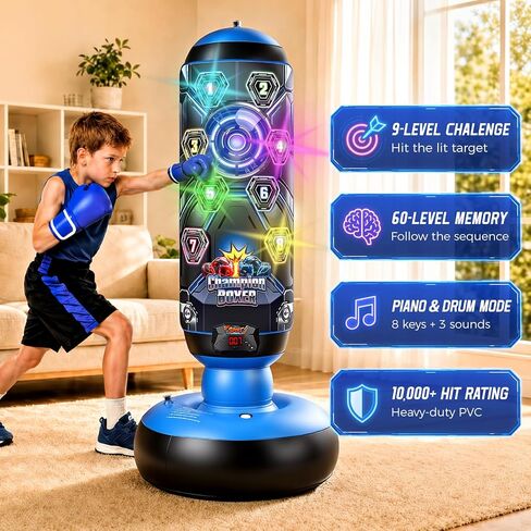 Punching Bag for Kids with Gloves & Pump, LED Lights Music & Electronic Scoring, 4 Game Modes Interactive Cyberpunk Inflatable Boxing Set, Freestanding Toys for Boys Girls Ages 4-12 Gifts in Kuwait