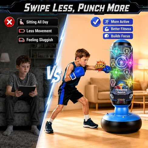 Punching Bag for Kids with Gloves & Pump, LED Lights Music & Electronic Scoring, 4 Game Modes Interactive Cyberpunk Inflatable Boxing Set, Freestanding Toys for Boys Girls Ages 4-12 Gifts in Kuwait