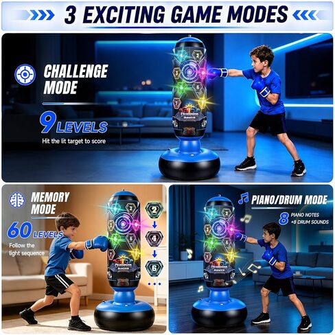 Punching Bag for Kids with Gloves & Pump, LED Lights Music & Electronic Scoring, 4 Game Modes Interactive Cyberpunk Inflatable Boxing Set, Freestanding Toys for Boys Girls Ages 4-12 Gifts in Kuwait