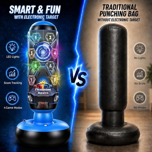 Punching Bag for Kids with Gloves & Pump, LED Lights Music & Electronic Scoring, 4 Game Modes Interactive Cyberpunk Inflatable Boxing Set, Freestanding Toys for Boys Girls Ages 4-12 Gifts in Kuwait