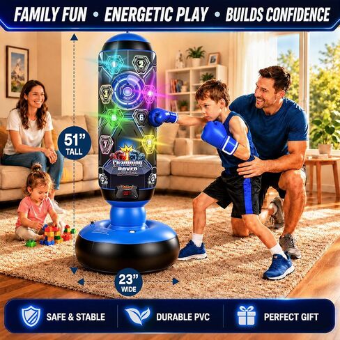 Punching Bag for Kids with Gloves & Pump, LED Lights Music & Electronic Scoring, 4 Game Modes Interactive Cyberpunk Inflatable Boxing Set, Freestanding Toys for Boys Girls Ages 4-12 Gifts in Kuwait