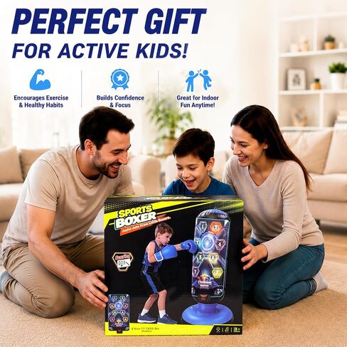 Punching Bag for Kids with Gloves & Pump, LED Lights Music & Electronic Scoring, 4 Game Modes Interactive Cyberpunk Inflatable Boxing Set, Freestanding Toys for Boys Girls Ages 4-12 Gifts in Kuwait