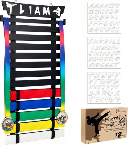 Karate Belt Display Rack with Stickers, Taekwondo Belt Display 【No Assembly Required】 Martial Arts Belt Display, Karate Belt Holder for Kids and Adult, Wood, Black in Kuwait