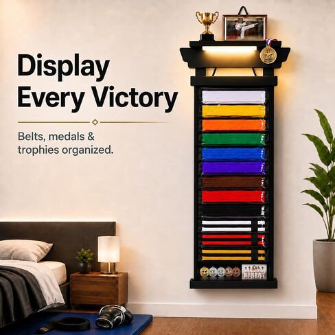 Karate Belt Display Rack for Adults,10/12 Belt Taekwondo Belt Display with Photo & Trophy Shelf, Martial Arts Belt Display Holder for TKD, BJJ, Jiu Jitsu, Gift Ready Design in Kuwait