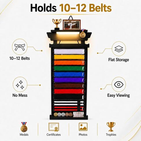 Karate Belt Display Rack for Adults,10/12 Belt Taekwondo Belt Display with Photo & Trophy Shelf, Martial Arts Belt Display Holder for TKD, BJJ, Jiu Jitsu, Gift Ready Design in Kuwait