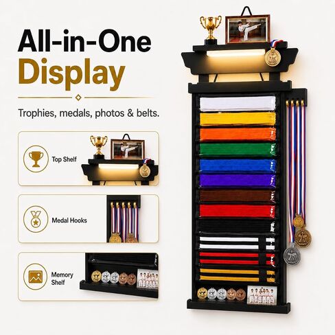 Karate Belt Display Rack for Adults,10/12 Belt Taekwondo Belt Display with Photo & Trophy Shelf, Martial Arts Belt Display Holder for TKD, BJJ, Jiu Jitsu, Gift Ready Design in Kuwait