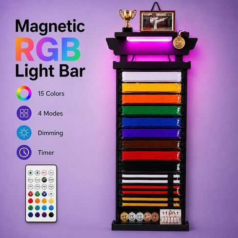 Karate Belt Display Rack for Adults,10/12 Belt Taekwondo Belt Display with Photo & Trophy Shelf, Martial Arts Belt Display Holder for TKD, BJJ, Jiu Jitsu, Gift Ready Design in Kuwait