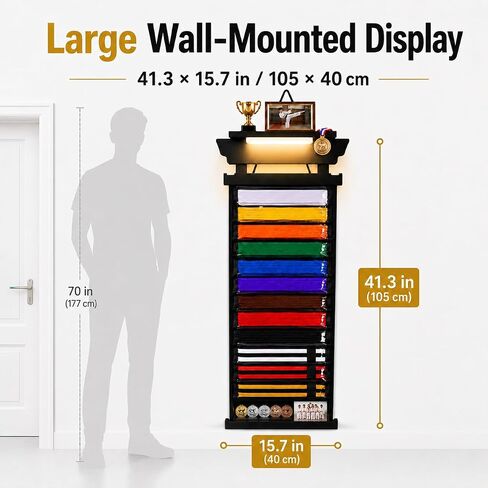 Karate Belt Display Rack for Adults,10/12 Belt Taekwondo Belt Display with Photo & Trophy Shelf, Martial Arts Belt Display Holder for TKD, BJJ, Jiu Jitsu, Gift Ready Design in Kuwait