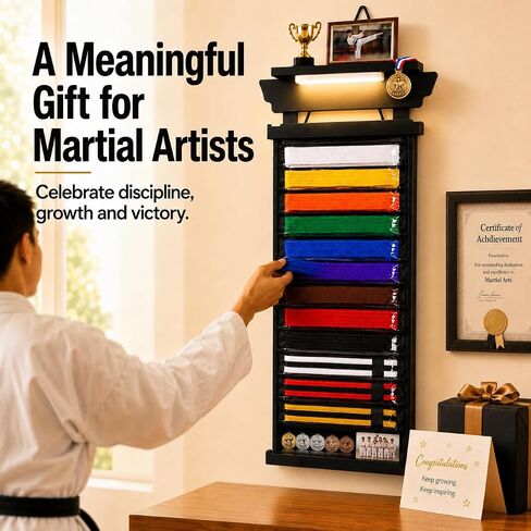 Karate Belt Display Rack for Adults,10/12 Belt Taekwondo Belt Display with Photo & Trophy Shelf, Martial Arts Belt Display Holder for TKD, BJJ, Jiu Jitsu, Gift Ready Design in Kuwait