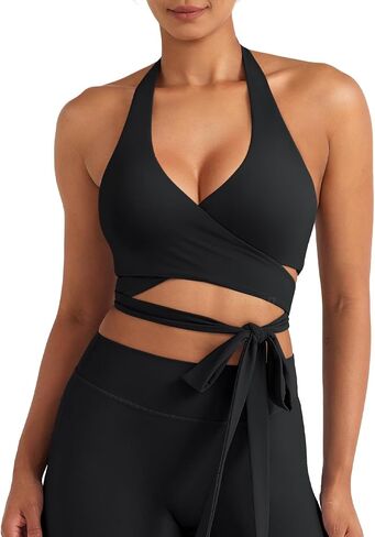 YEOREO CoreFlex Halter Sports Bras for Women Backless Padded Workout V Neck Bra Ajustable Straps Ballet Wrap Tie Gym Yoga Top in Kuwait