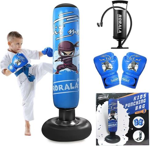 RORALA Inflatable Punching Bag for Kids with Boxing Gloves and Manual Air Pump, 66 Inch Children's Boxing Bag Set for Boys and Girls Gift Aged 3 to 12 to Practice Karate, Taekwondo in Kuwait