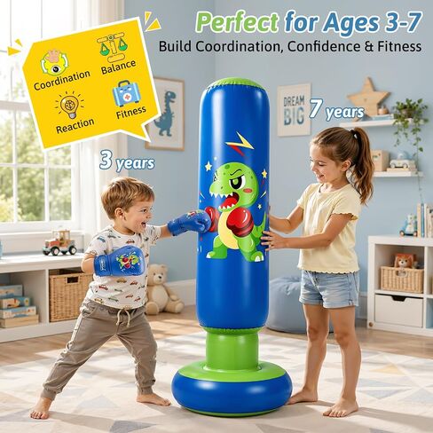 RORALA 66 Inch Inflatable Punching Bag for Kids with Boxing Gloves, Children's Boxing Bag Set Dinosaur Toy & Gifts for Boys Girls Aged 3 to 12 to Practice Karate, Taekwondo in Kuwait