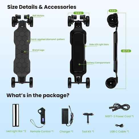 isinwheel Off Road Electric Skateboard with Remote, 3000W Belt Drive Motor, 32 MPH Top Speed & 28 Miles Range, Electric Longboard for Adults with Ambient Light,IP54 Off-Road Electric Longboard in Kuwait