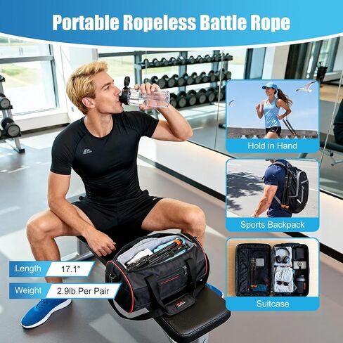 Weighted Ropeless Battle Ropes Adjustable Weight - Portable Cordless Battle Ropes for Home Gym with Poster - Strength Building, HIIT and Low-Impact Aerobic Training for Men & Women (Black) in Saudi Arabia
