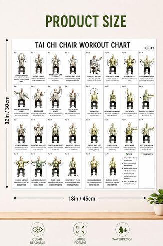 VLFFY Tai Chi Chair Workout Chart-30 Day Chair Tai Chi Exercise for Seniors & Beginners Canvas Wall Art for Home Gym Living Room Bedroom 18 * 12in in Kuwait