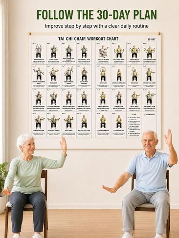 VLFFY Tai Chi Chair Workout Chart-30 Day Chair Tai Chi Exercise for Seniors & Beginners Canvas Wall Art for Home Gym Living Room Bedroom 18 * 12in in Kuwait
