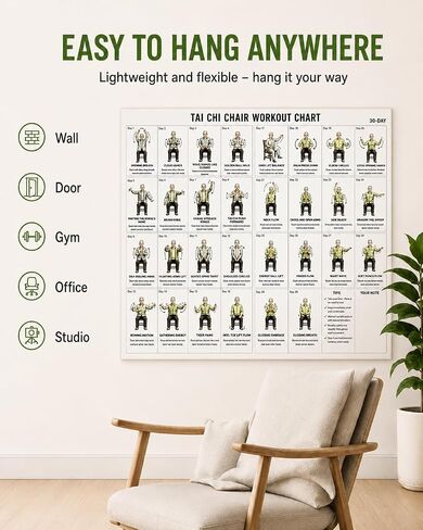 VLFFY Tai Chi Chair Workout Chart-30 Day Chair Tai Chi Exercise for Seniors & Beginners Canvas Wall Art for Home Gym Living Room Bedroom 18 * 12in in Kuwait