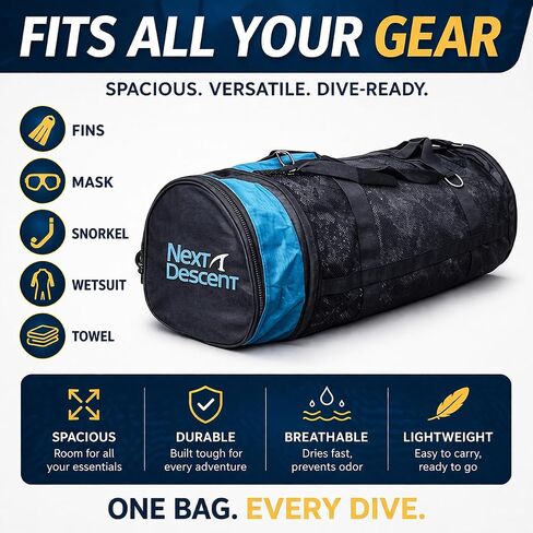Extra Large Mesh Duffel Bag for Scuba Diving, Snorkeling, Swimming, Beach, Black and Turquoise, 32x16x16 Inches, Collapsible with Shoulder Strap in Kuwait