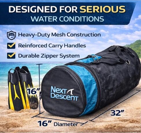 Extra Large Mesh Duffel Bag for Scuba Diving, Snorkeling, Swimming, Beach, Black and Turquoise, 32x16x16 Inches, Collapsible with Shoulder Strap in Kuwait