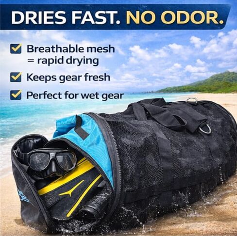 Extra Large Mesh Duffel Bag for Scuba Diving, Snorkeling, Swimming, Beach, Black and Turquoise, 32x16x16 Inches, Collapsible with Shoulder Strap in Kuwait