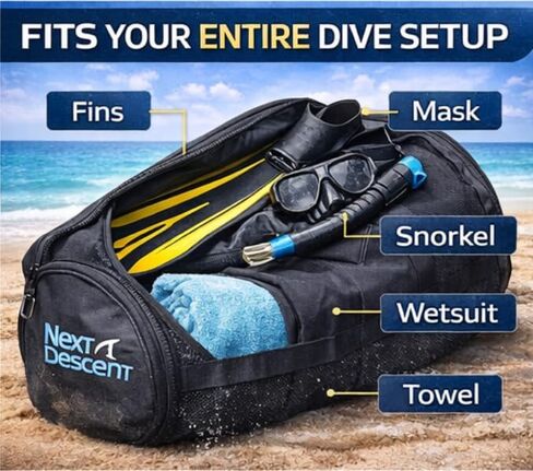 Extra Large Mesh Duffel Bag for Scuba Diving, Snorkeling, Swimming, Beach, Black and Turquoise, 32x16x16 Inches, Collapsible with Shoulder Strap in Kuwait