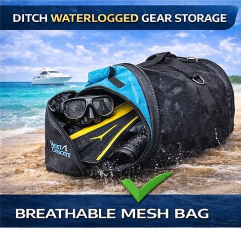Extra Large Mesh Duffel Bag for Scuba Diving, Snorkeling, Swimming, Beach, Black and Turquoise, 32x16x16 Inches, Collapsible with Shoulder Strap in Kuwait