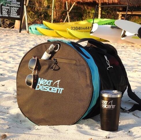 Extra Large Mesh Duffel Bag for Scuba Diving, Snorkeling, Swimming, Beach, Black and Turquoise, 32x16x16 Inches, Collapsible with Shoulder Strap in Kuwait