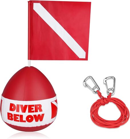 Self-Righting Inflatable Surface Marker Buoy with Dive Flag and Rope | Heavy Duty PVC Freediving Buoy with Water-Fillable Base, Dual 316 Stainless Steel Hooks for Spearfishing, Snorkeling in Kuwait