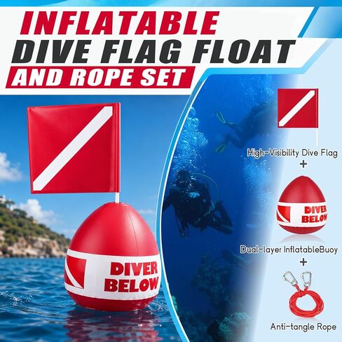 Self-Righting Inflatable Surface Marker Buoy with Dive Flag and Rope | Heavy Duty PVC Freediving Buoy with Water-Fillable Base, Dual 316 Stainless Steel Hooks for Spearfishing, Snorkeling in Kuwait
