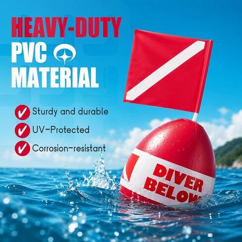 Self-Righting Inflatable Surface Marker Buoy with Dive Flag and Rope | Heavy Duty PVC Freediving Buoy with Water-Fillable Base, Dual 316 Stainless Steel Hooks for Spearfishing, Snorkeling in Kuwait