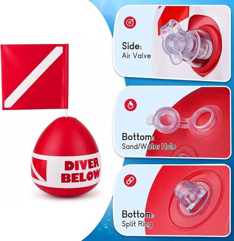 Self-Righting Inflatable Surface Marker Buoy with Dive Flag and Rope | Heavy Duty PVC Freediving Buoy with Water-Fillable Base, Dual 316 Stainless Steel Hooks for Spearfishing, Snorkeling in Kuwait