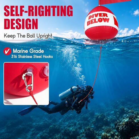 Self-Righting Inflatable Surface Marker Buoy with Dive Flag and Rope | Heavy Duty PVC Freediving Buoy with Water-Fillable Base, Dual 316 Stainless Steel Hooks for Spearfishing, Snorkeling in Kuwait
