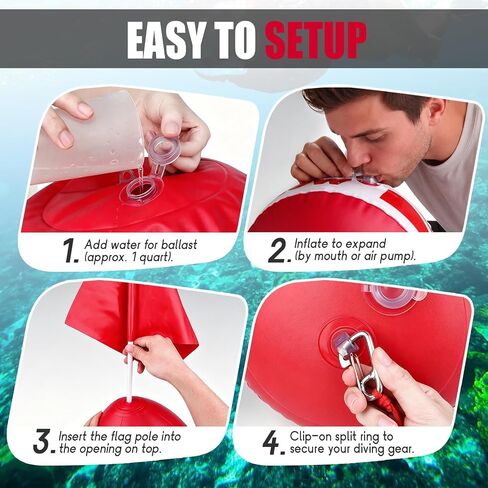 Self-Righting Inflatable Surface Marker Buoy with Dive Flag and Rope | Heavy Duty PVC Freediving Buoy with Water-Fillable Base, Dual 316 Stainless Steel Hooks for Spearfishing, Snorkeling in Kuwait