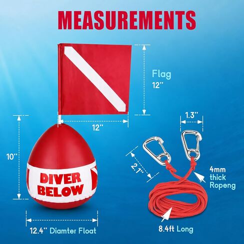 Self-Righting Inflatable Surface Marker Buoy with Dive Flag and Rope | Heavy Duty PVC Freediving Buoy with Water-Fillable Base, Dual 316 Stainless Steel Hooks for Spearfishing, Snorkeling in Kuwait