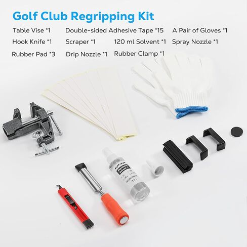 MoKo Golf Grip Kit for Regripping Clubs, Portable Golf Regripping Kit, Includes Hook Blade, Tapes, Rubber Clamp, Bench Vise, Tape Remover, Gloves, Solvent and Nozzles, Easy to Use in Kuwait