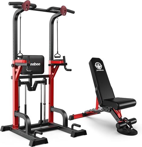 Pooboo Power Tower Dip Station Pull Up Bar for Fitness Home Gym Workout,450 Pounds Multi-Function Adjustable Height Fitness Strength Training Exercise Equipment,with Power Elastic Ropes in Kuwait