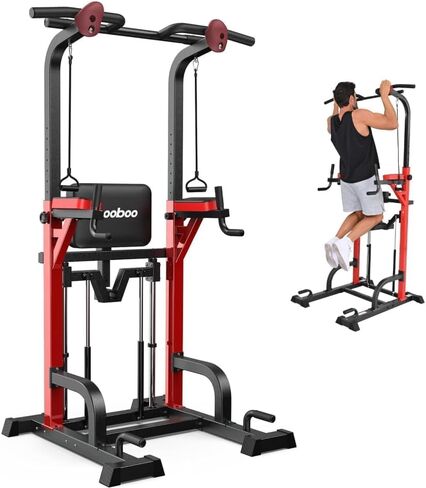 Pooboo Power Tower Dip Station سحب ما يصل بار للياقة البدنية في المنزل الصالة الرياضية، 450 رطلاً متعدد الوظائف قابل للتعديل ارتفاع اللياقة البدنية معدات تدريب القوة، مع حبال مرنة قوية in Saudi Arabia